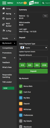 Screenshot of the 'Deposit' section within the 'My Account' section of tab.com.au