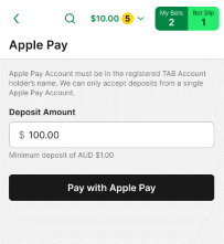 Screenshot of the 'Apple Pay' deposit screen within the TAB app.
