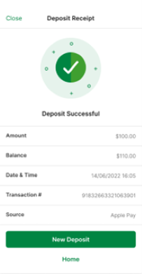 Screenshot of a deposit receipt within the TAB app.