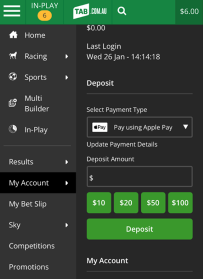 Screenshot of the 'Deposit' section within the 'My Account' section on tab.com.au