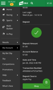 Screenshot of deposit receipt on tab.com.au