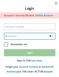 TAB login screen with 'Account is Security Blocked' notification.