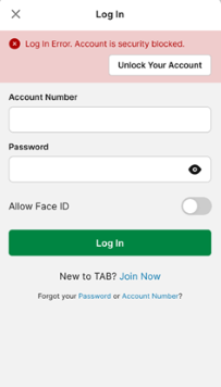 TAB app login screen with 'Account is security blocked' notification.