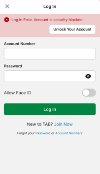TAB app  login screen with 'Account is security blocked' notification and 'Unlock Account' option.