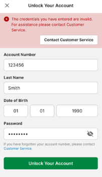 TAB app 'Unlock Account' screen with notification advising that unlock attempt has been unsuccessful.