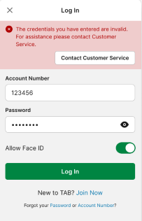 Screenshot of TAB app login screen with 'wrong credentials' notification.
