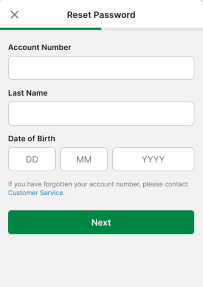 Screenshot of TAB app 'Reset Password' screen.