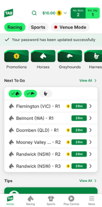 Screenshot of TAB app homescreen with 'password successfully changed' notification.