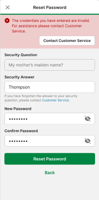 Screenshot of TAB app 'Reset Password' screen with 'invalid credentials' notification.