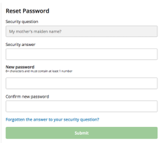 Screenshot of 'Security Question' and 'New Password' steps on tab.com.au 'Reset Password' screen.