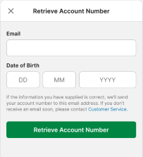 Screenshot of TAB app 'Retrieve Account Number' screen.