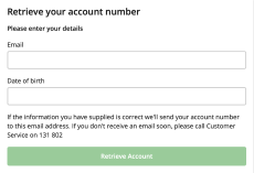 Screenshot of  tab.com.au 'Retrieve your account number' screen.