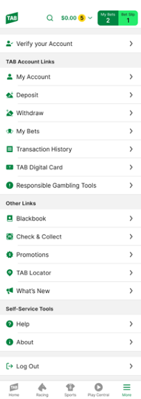 Screenshot of expanded 'More' menu within the TAB app. 'Verify your Account' option is shown.