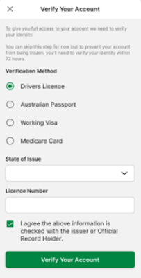Screenshot of TAB app 'Verify Account' screen, driver's licence option.
