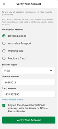 Screenshot of TAB app 'Verify Account' screen, driver's licence option with 'driver's licence card number' field showing.