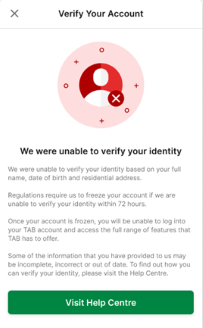 Screenshot of unsuccessful account verification screen.