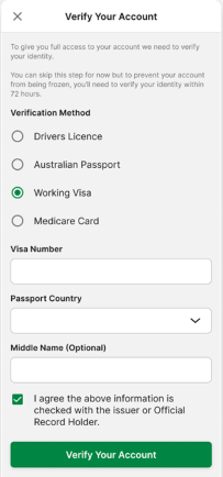 Screenshot of TAB app 'Verify Account' screen with 'Working Visa' option selected.