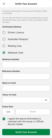 Screenshot of TAB app 'Verify Account' screen with 'Medicare Card' selected.