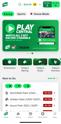 Screenshot of TAB app homescreen. 'Racing' icon is located on the menu at the bottom of the screen.