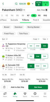 Screenshot of TAB app race page with 'Trifecta' selected as the bet type.