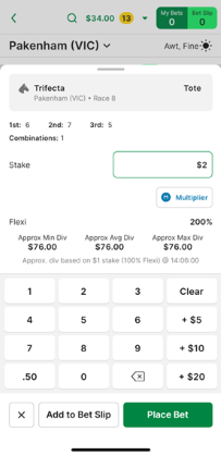 Screenshot of TAB app 'place bet' screen.