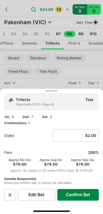 Screenshot of TAB app 'Confirm Bet' screen.