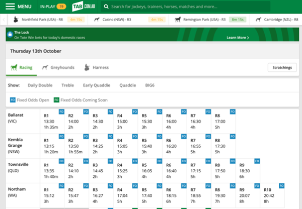 Screenshot of 'Today's Racing' screen at tab.com.au