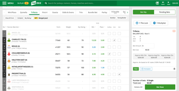 Screenshot of trifecta selection screen at tab.com.au