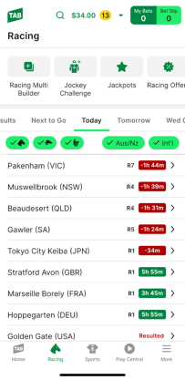Screenshot of TAB app 'Racing' homescreen.
