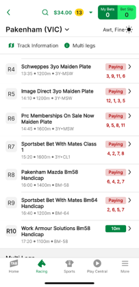 Screenshot of TAB app race meeting page.