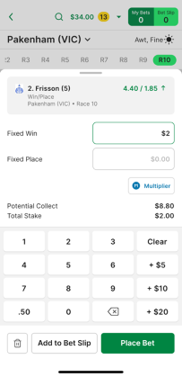 Screenshot of TAB app 'Place Bet' screen.