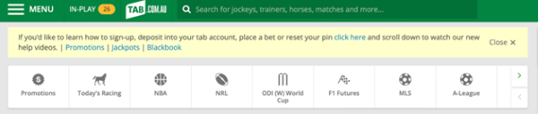 Screenshot of quick links menu at top of tab.com.au screen.