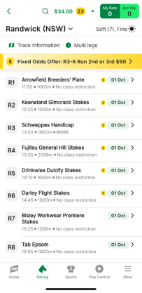 Screenshot of TAB app race meeting page.
