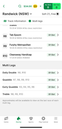 Screenshot of 'Multi Legs' information section on TAB app race meeting page.