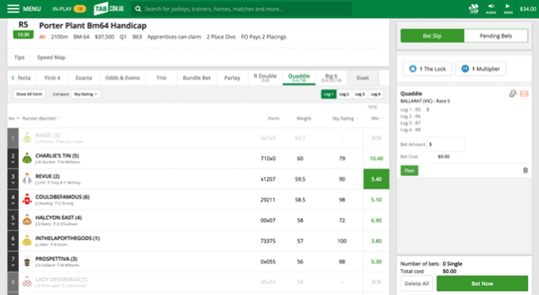 Screenshot of Quaddie leg selection page at tab.com.au. Selection automatically appears in the bet slip on the right side of the screen.