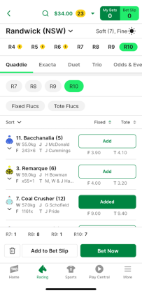 Screenshot of Quaddie selection page in the TAB app. 'Bet Now' and 'Add to Betslip' options appear at the bottom of the screen.