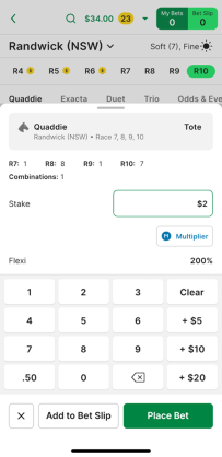 Screenshot of TAB app 'Place Bet' screen.