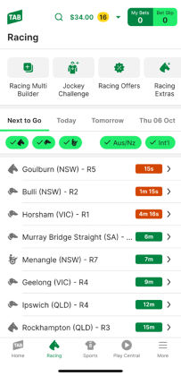 Screenshot of TAB app 'Racing' homescreen.