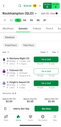 Screenshot of TAB app race page with 'Quinella' selected as the bet type.