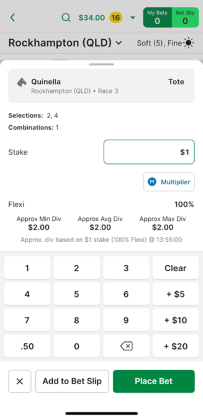 Screenshot of TAB app 'Place Bet' screen.