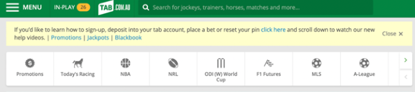 Screenshot of quick links menu at top of tab.com.au screen.