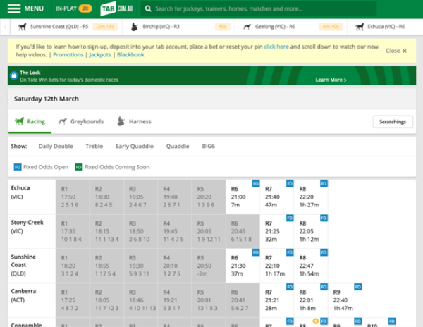 Screenshot of 'Today's Racing' screen at tab.com.au