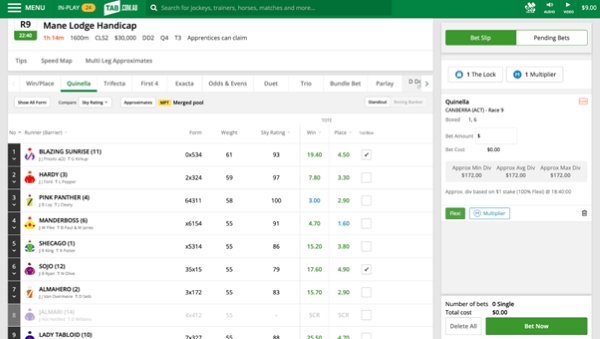 Screenshot of race page at tab.com.au. 'Quinella' is selected as bet type and runners selected appear in the bet slip on the right side of the screen.