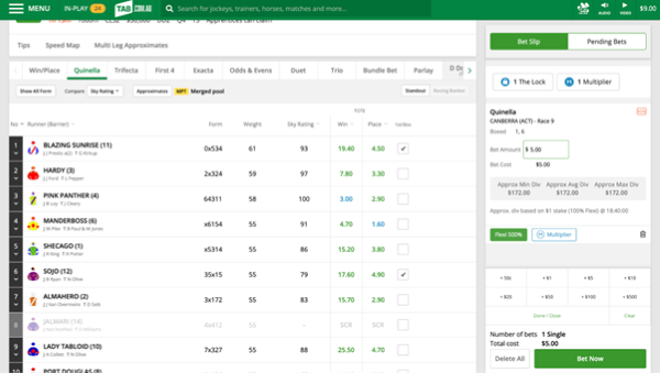 Screenshot of 'Bet Now' screen at tab.com.au