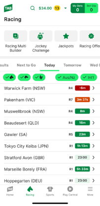 Screenshot of TAB app 'Racing' homepage.