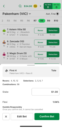 Screenshot of TAB app 'Confirm Bet' screen.