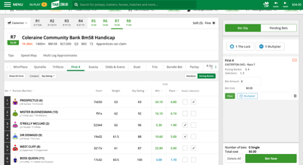 Screenshot of race page at tab.com.au with 'First 2' and 'Roving' banker selections.