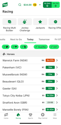 Screenshot of TAB app racing homepage.
