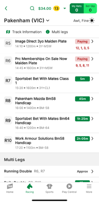 Screenshot of TAB app race meeting page.
