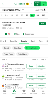 Screenshot of TAB app race page with 'Exacta'  selected as the bet type and the 'Roving Banker' option selected.